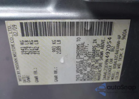 2009 Nissan Altima 2.5 S from USA, damaged, VIN 1N4AL21E49N492054